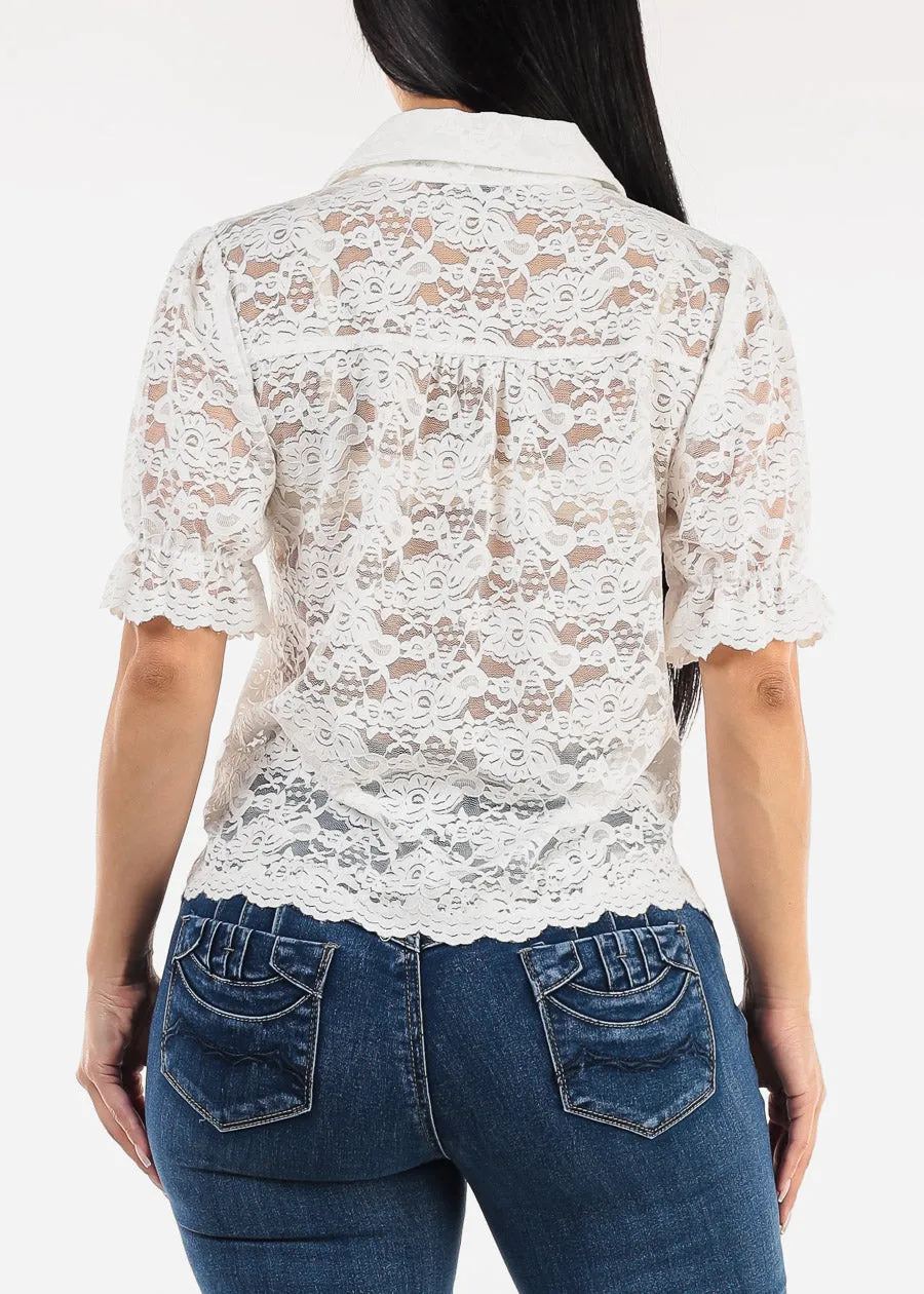 Lace Short Sleeve Button Up Collared Blouse White sold by Moda product image thumbnail 4