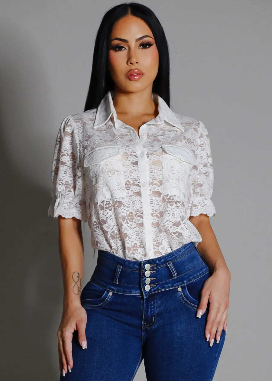 Lace Short Sleeve Button Up Collared Blouse White sold by Moda