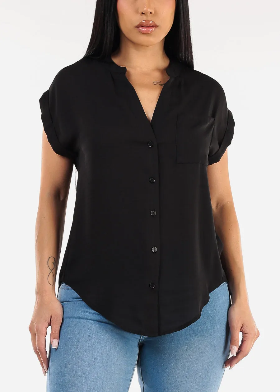 Short Sleeve Button Up Blouse Black w Back Slit sold by Moda product image thumbnail 5
