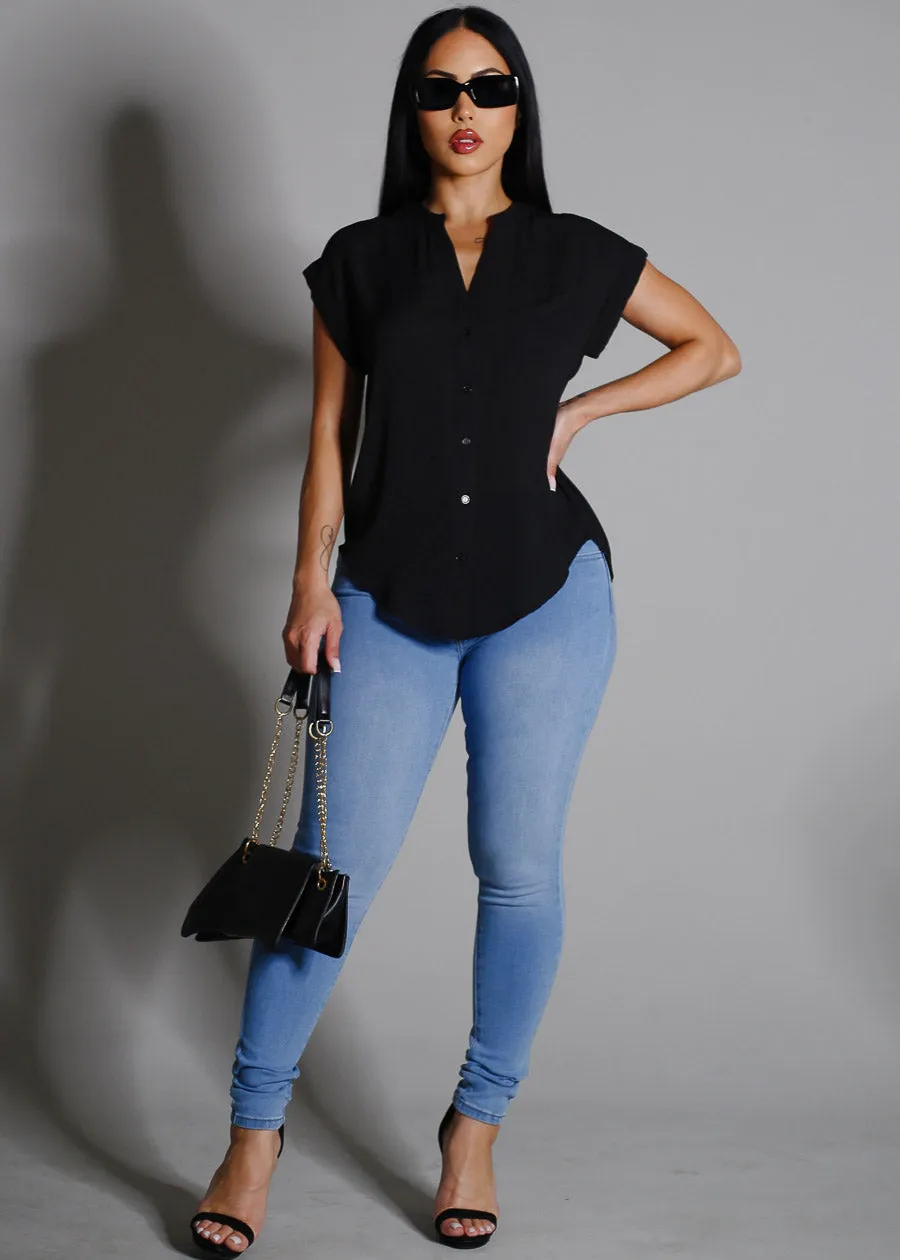 Short Sleeve Button Up Blouse Black w Back Slit sold by Moda product image thumbnail 2