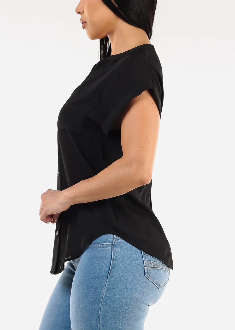 Short Sleeve Button Up Blouse Black w Back Slit sold by Moda product image thumbnail 3