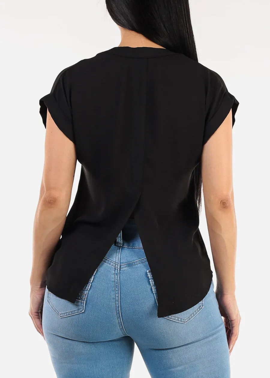 Short Sleeve Button Up Blouse Black w Back Slit sold by Moda product image thumbnail 4