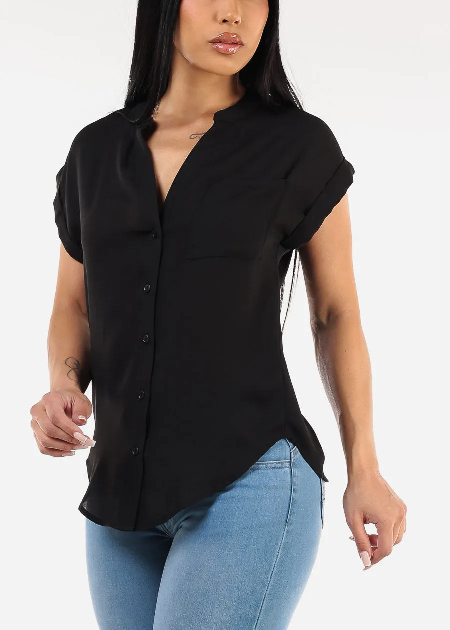 Short Sleeve Button Up Blouse Black w Back Slit sold by Moda