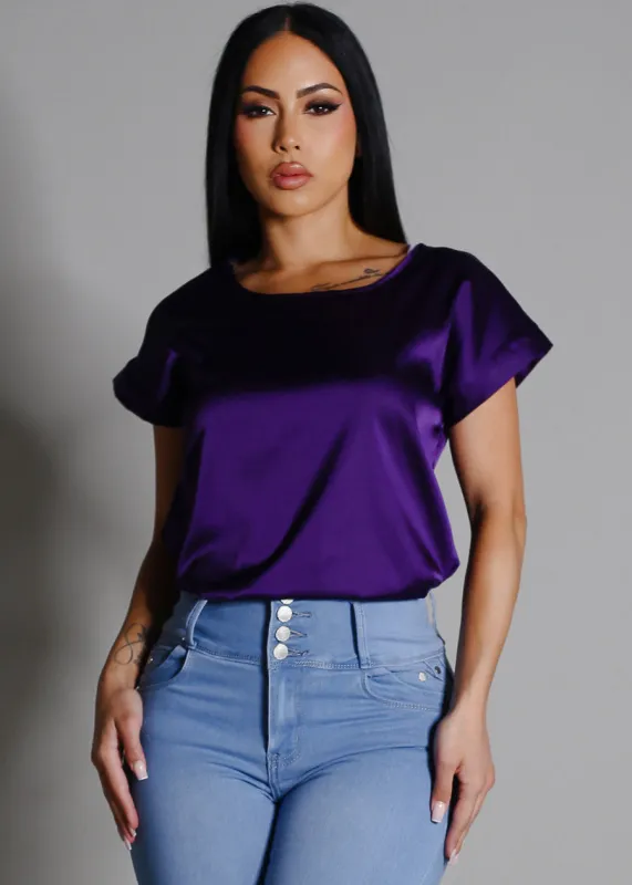 Short Sleeve Round Neck Satin Blouse Purple sold by Moda