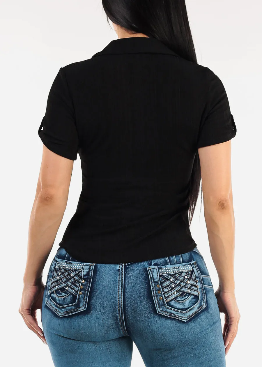 Short Sleeve Ruched Button Up Blouse Black sold by Moda product image thumbnail 4
