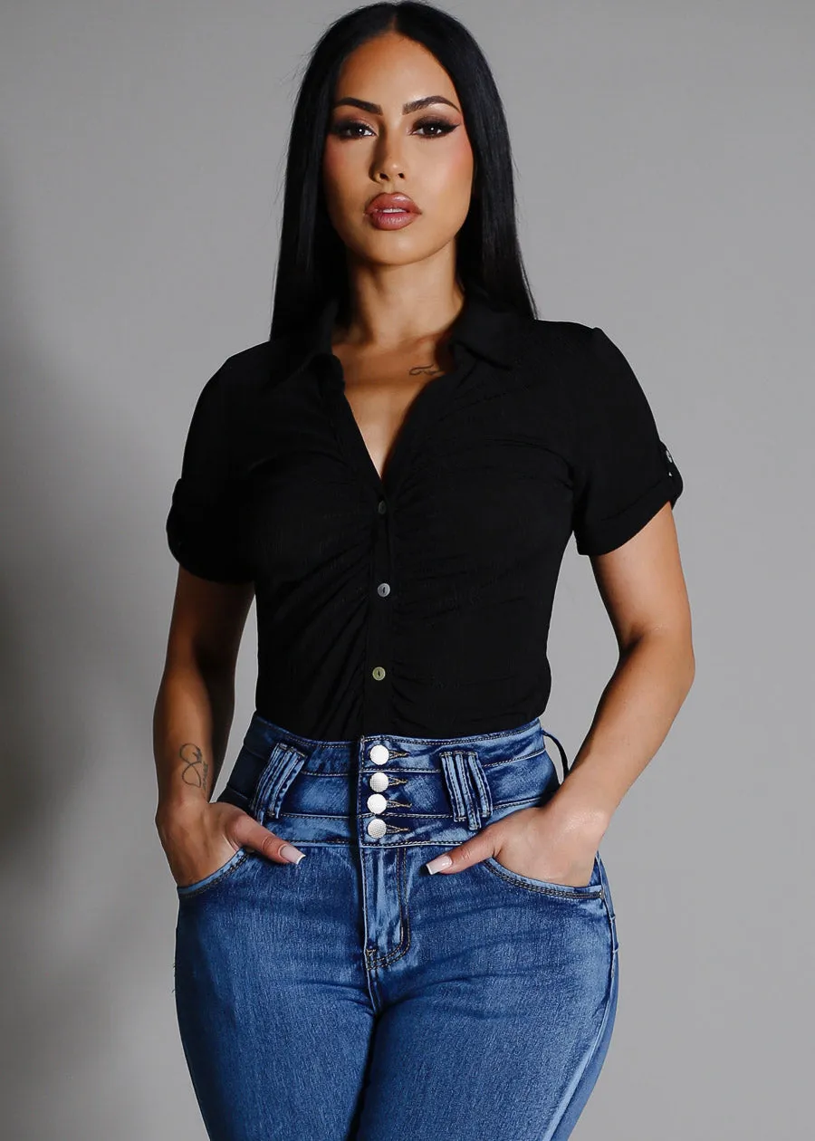 Short Sleeve Ruched Button Up Blouse Black sold by Moda