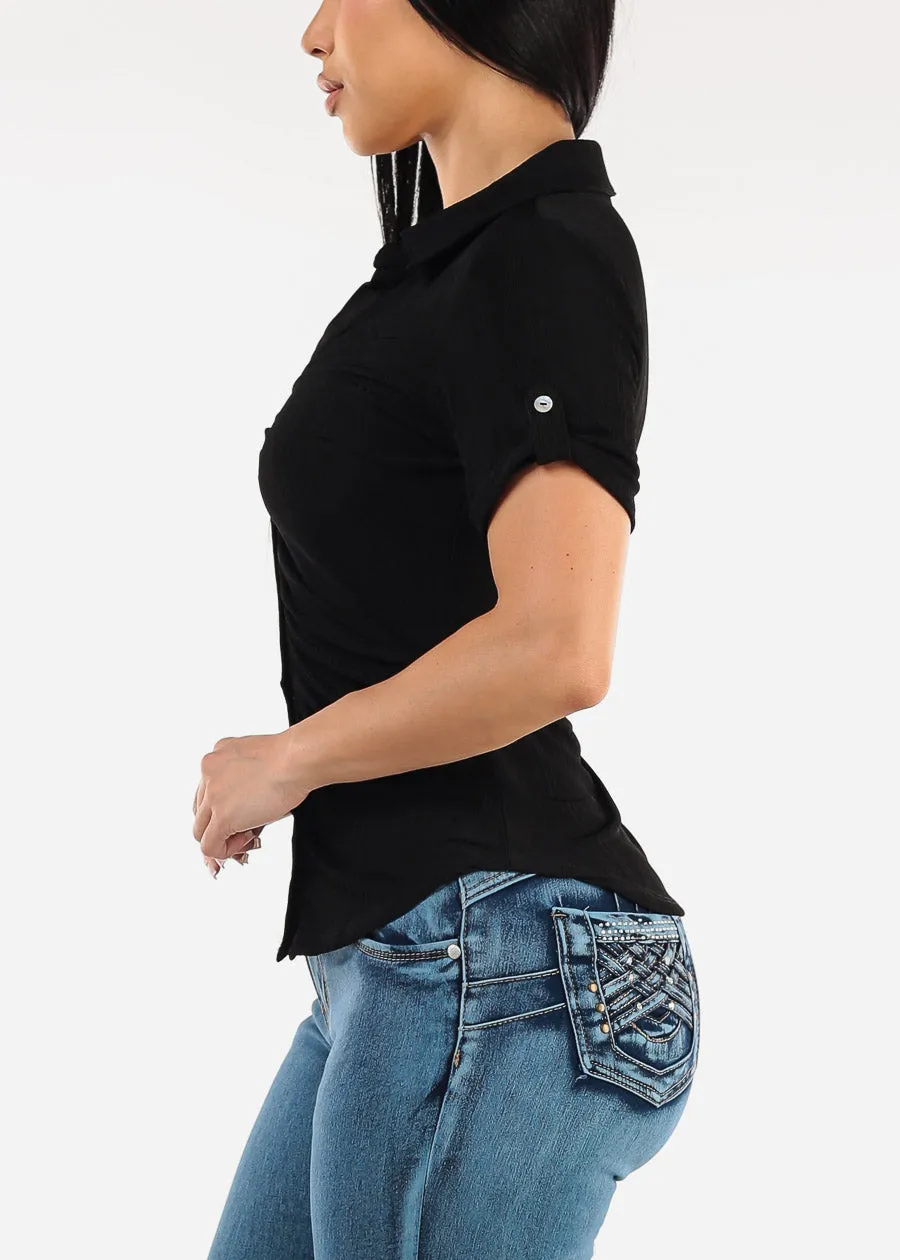 Short Sleeve Ruched Button Up Blouse Black sold by Moda product image thumbnail 3