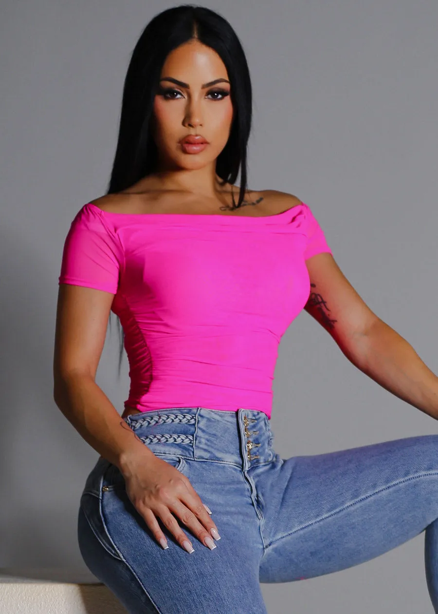 Off Shoulder Ruched Crop Top Fuschia sold by Moda