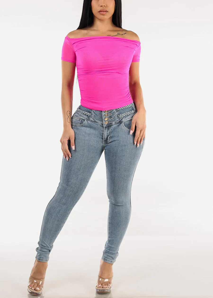 Off Shoulder Ruched Crop Top Fuschia sold by Moda product image thumbnail 2