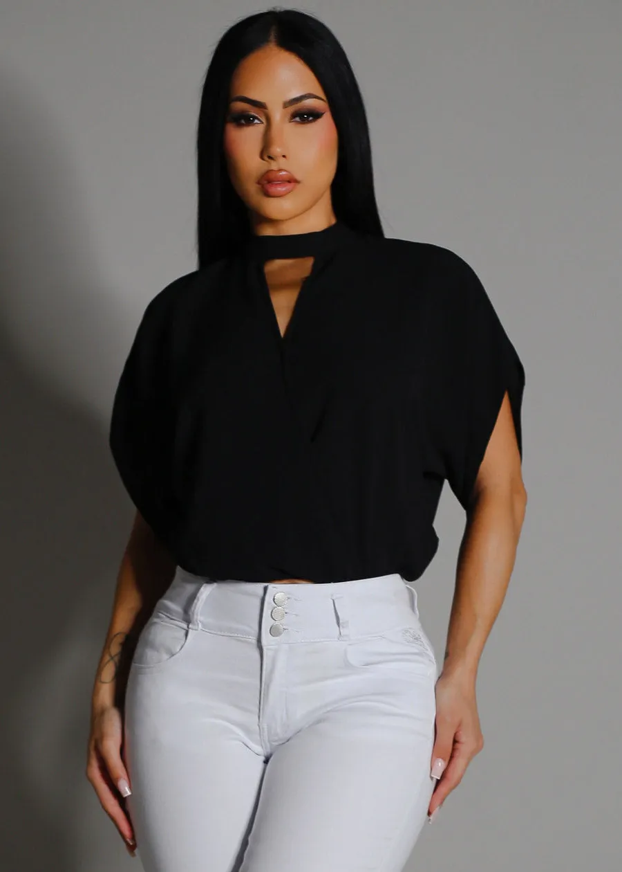 Short Dolman Sleeve Surplice Blouse Black sold by Moda