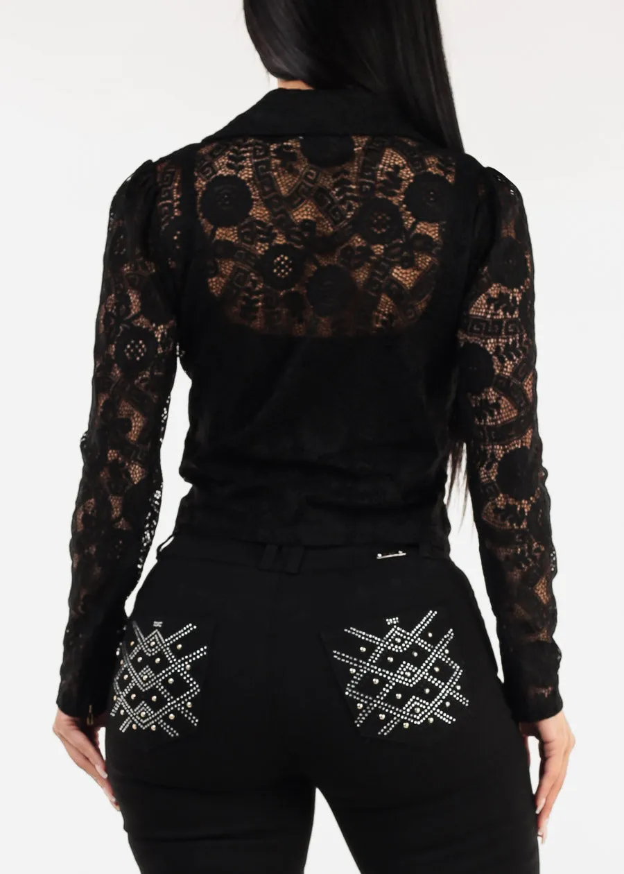 Long Sleeve Zip Up Lace Jacket Black sold by Moda product image thumbnail 5