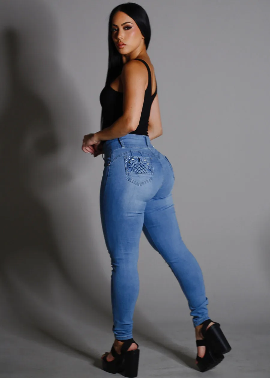 Butt Lifting High Rise Light Blue Skinny Jeans sold by Moda product image thumbnail 3