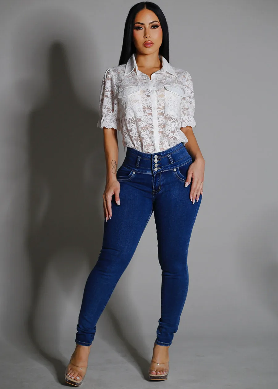 Levantacola High Rise Skinny Jeans Dark Bleach Wash sold by Moda product image thumbnail 2