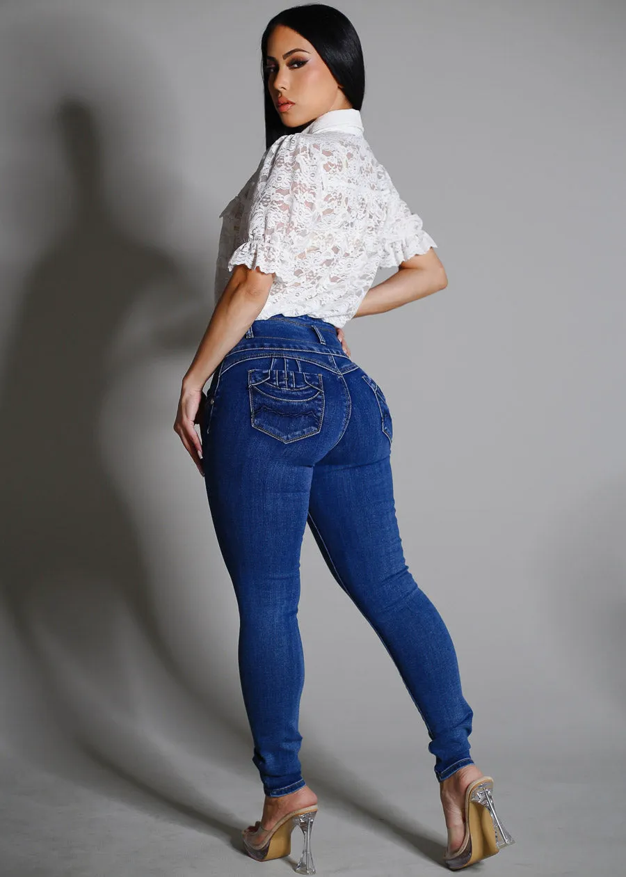 Levantacola High Rise Skinny Jeans Dark Bleach Wash sold by Moda product image thumbnail 3