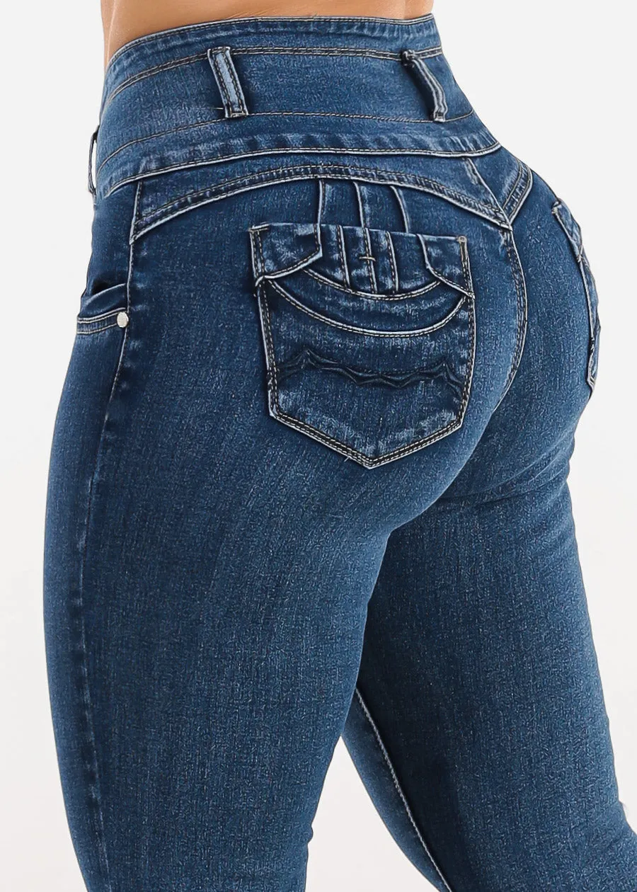 Levantacola High Rise Skinny Jeans Dark Bleach Wash sold by Moda