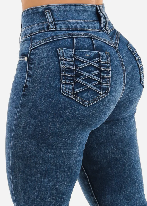 Levantacola High Waist Skinny Jeans Acid Wash w Braided Pockets sold by Moda