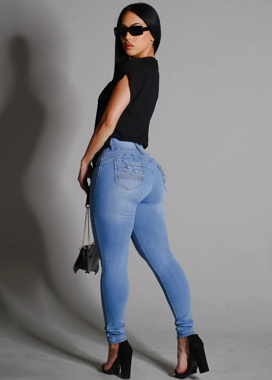 Levantacola High Rise Light Skinny Jeans w Pocket Design sold by Moda product image thumbnail 3