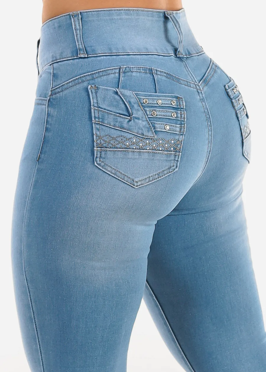 Levantacola High Rise Light Skinny Jeans w Pocket Design sold by Moda