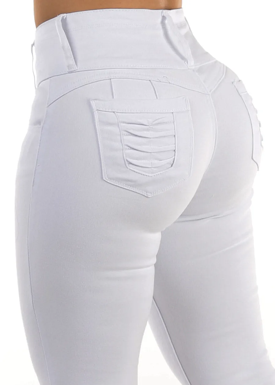 Levantacola Mid Rise White Skinny Jeans sold by Moda