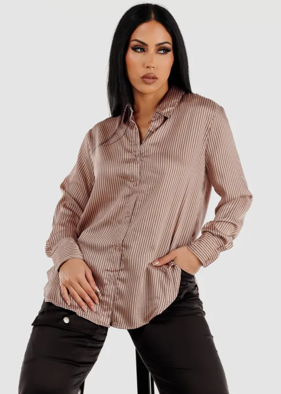 Long Sleeve Button Up Pinstripe Woven Shirt Mocha sold by Moda
