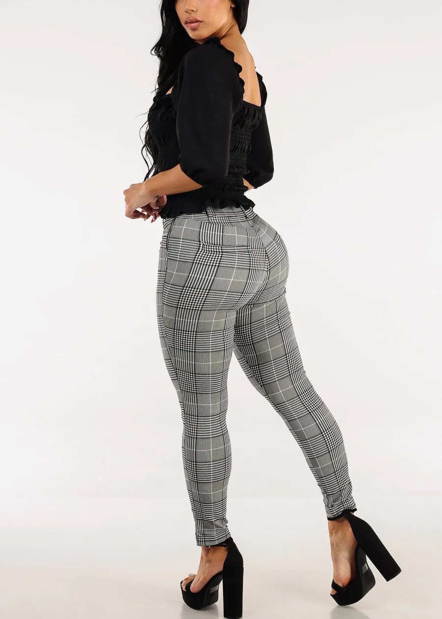High Waisted Plaid Stretch Skinny Pants Black & White sold by Moda product image thumbnail 5