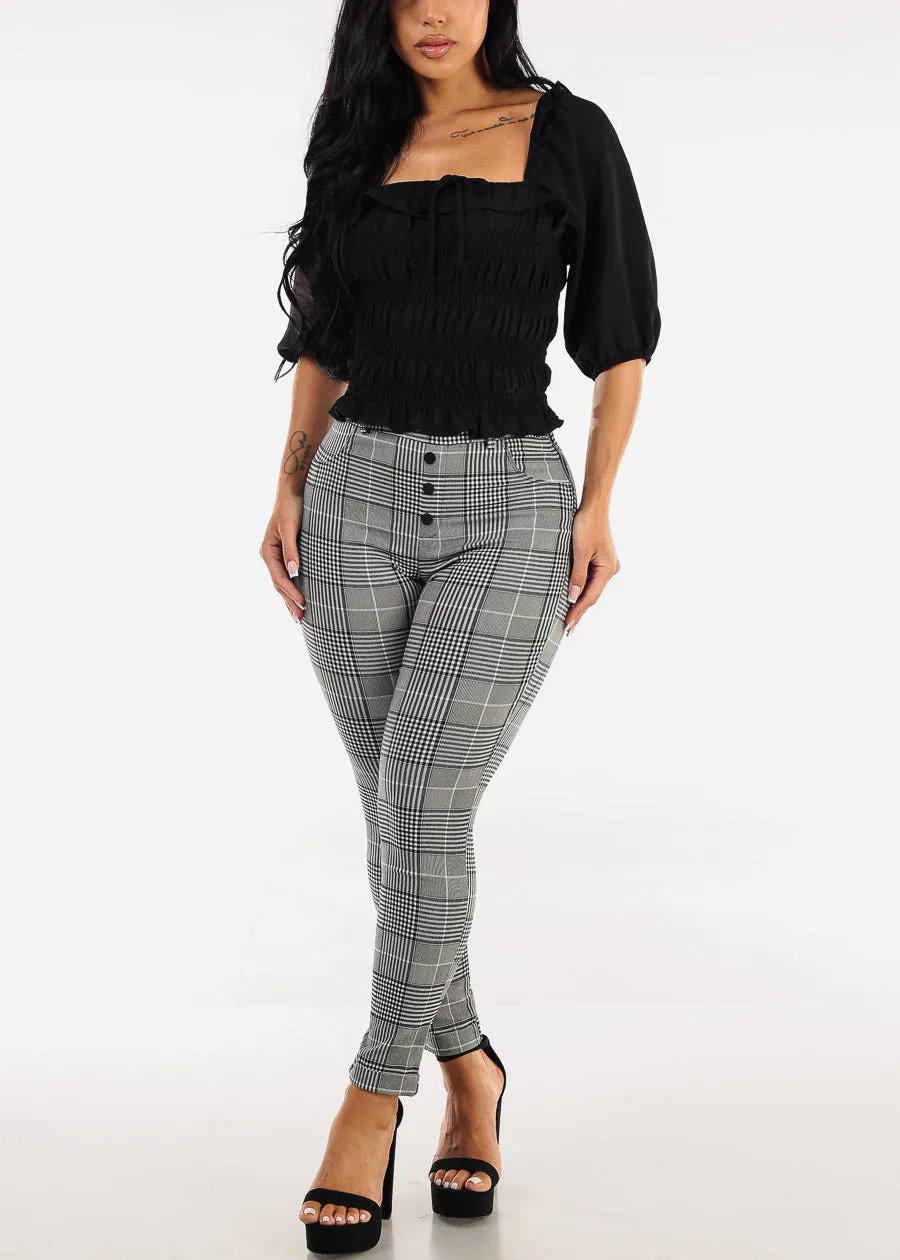 High Waisted Plaid Stretch Skinny Pants Black & White sold by Moda product image thumbnail 2