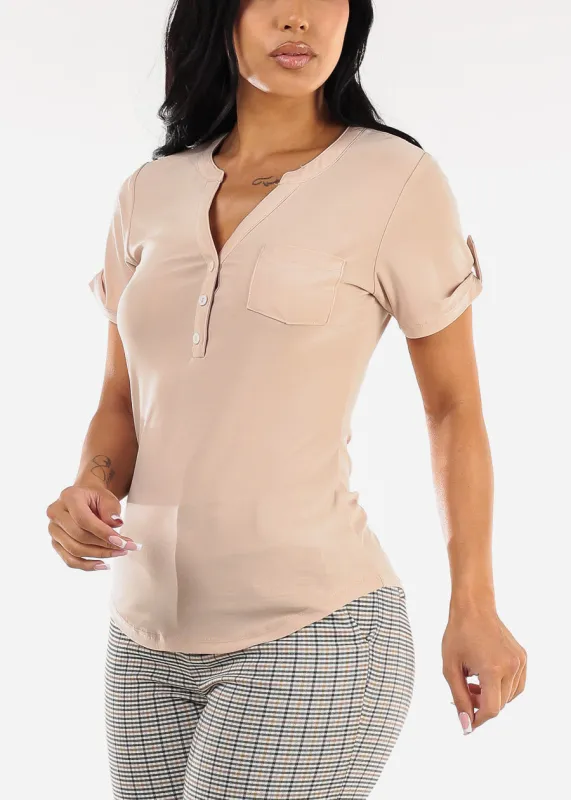 Short Sleeve Half Button Up Blouse Beige sold by Moda