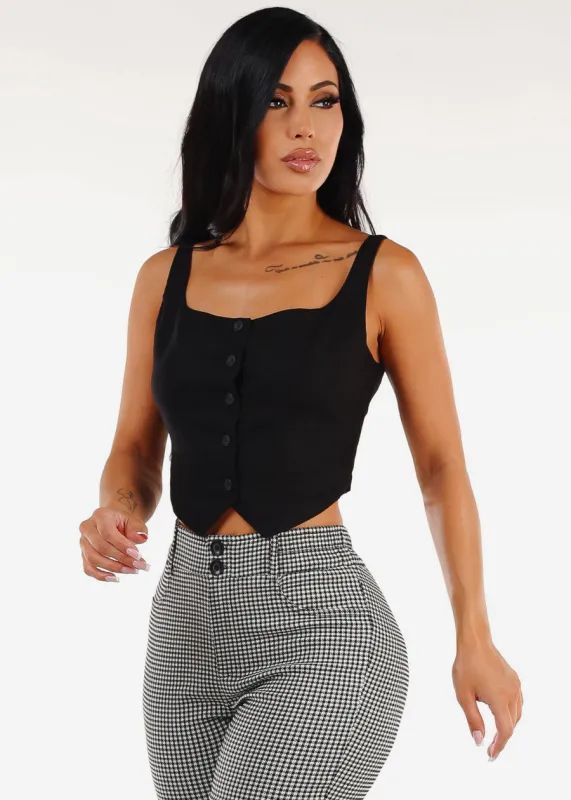 Sleeveless Button Up Linen Crop Top Black sold by Moda