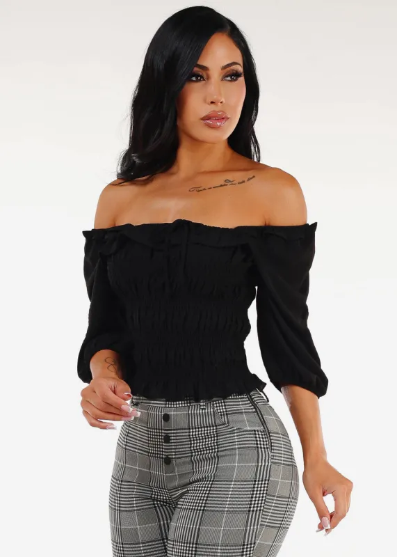 Off Shoulder Smocked Top Black sold by Moda
