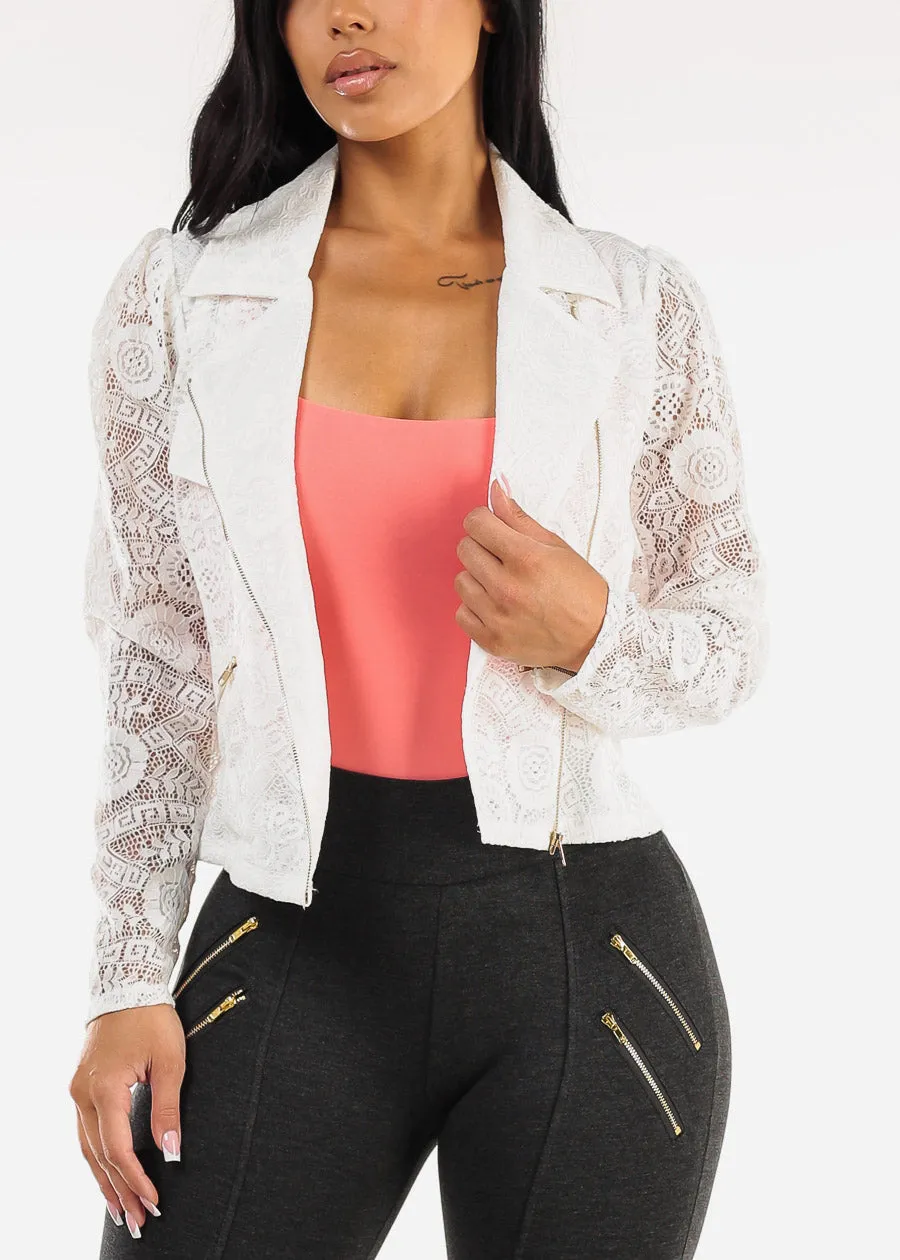 Long Sleeve Zip Up Lace Jacket White sold by Moda
