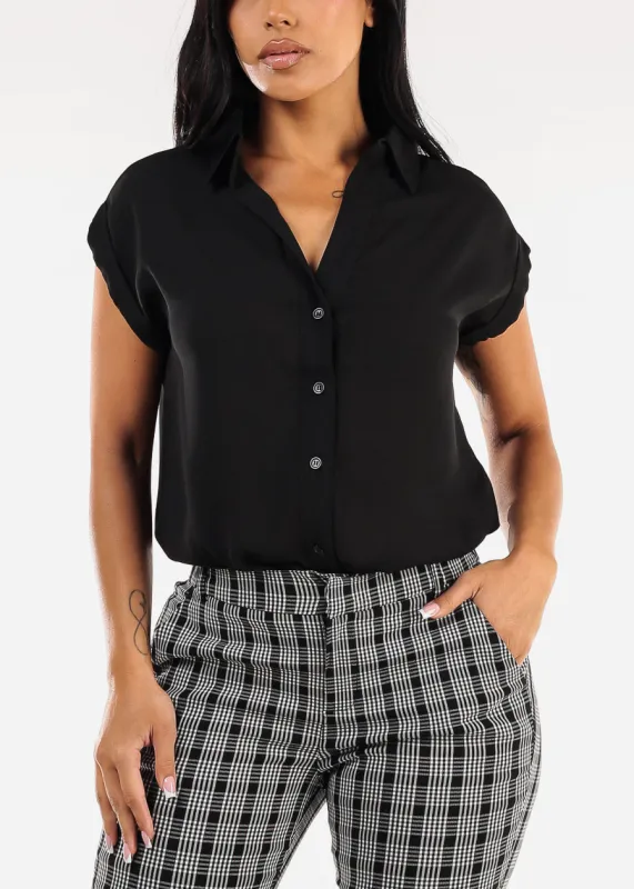 Casual Short Sleeve Button Up Shirt Black sold by Moda