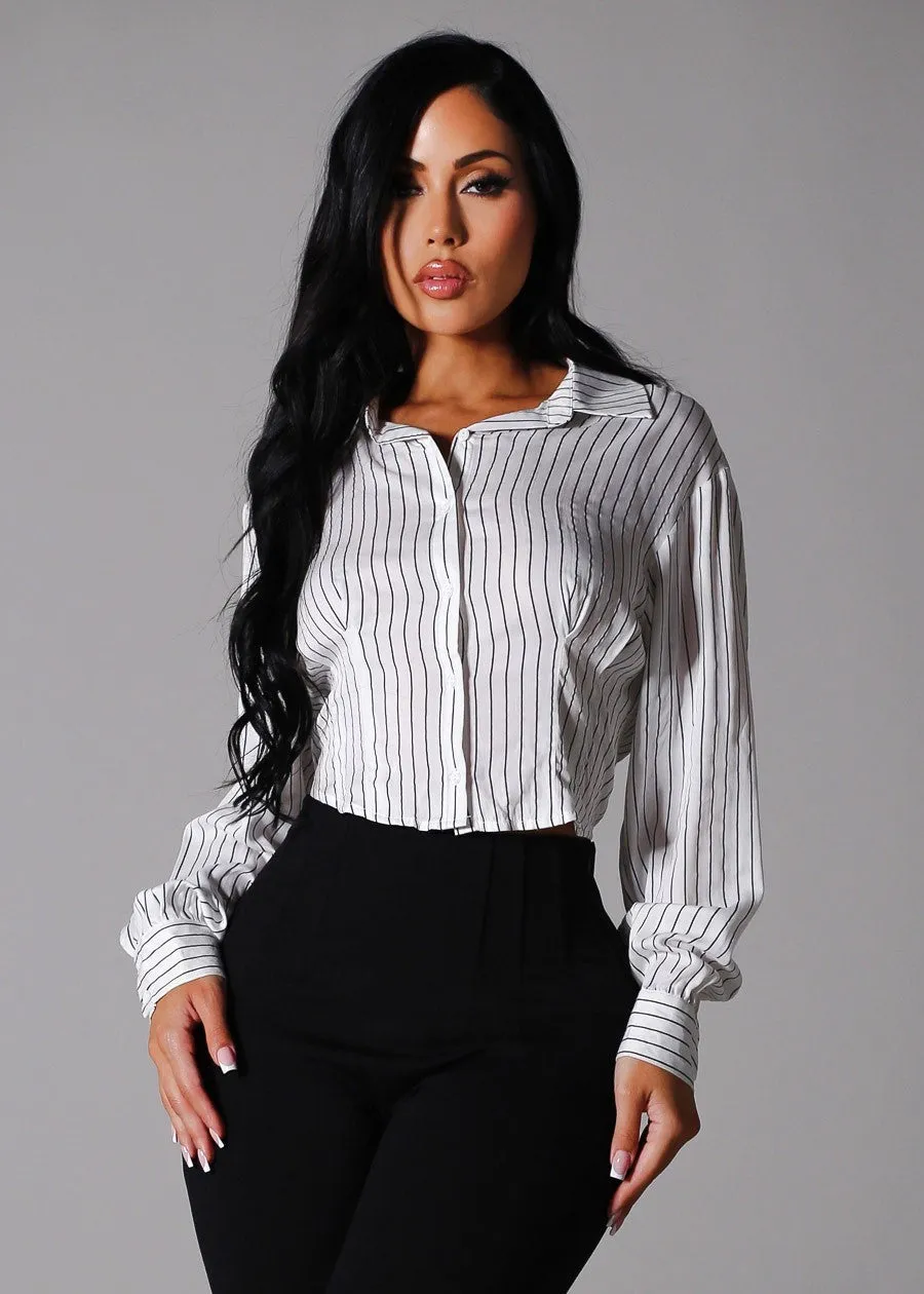 White Long Sleeve Button Up Stripe Collared Blouse sold by Moda