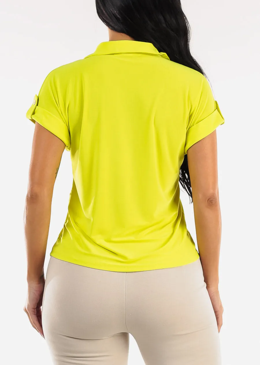 Short Sleeve Button Up Stretch Collared Blouse Lime sold by Moda product image thumbnail 4