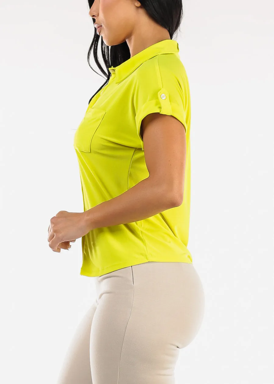 Short Sleeve Button Up Stretch Collared Blouse Lime sold by Moda product image thumbnail 3