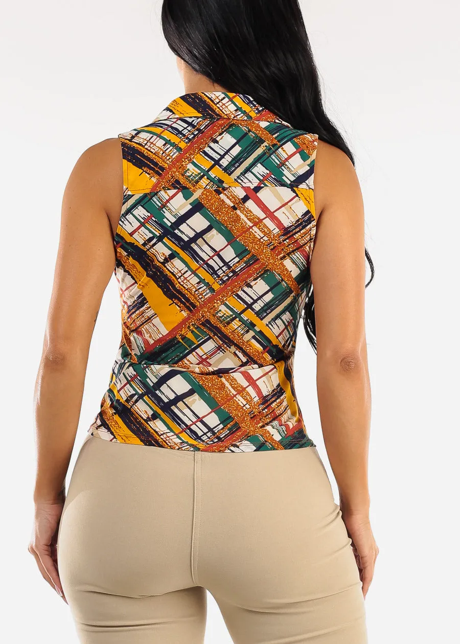 Sleeveless Button Up Ruched Printed Blouse Multicolor sold by Moda product image thumbnail 4