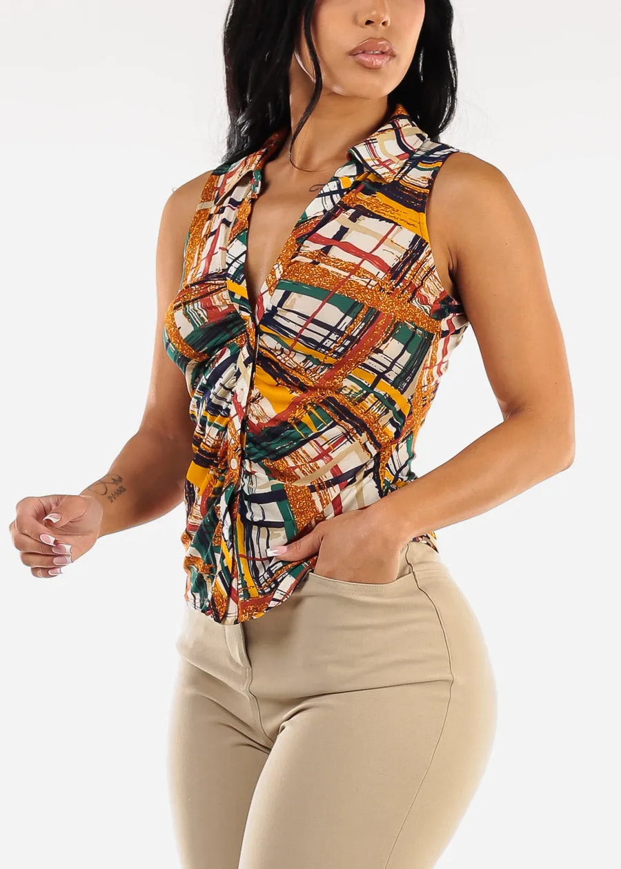 Sleeveless Button Up Ruched Printed Blouse Multicolor sold by Moda