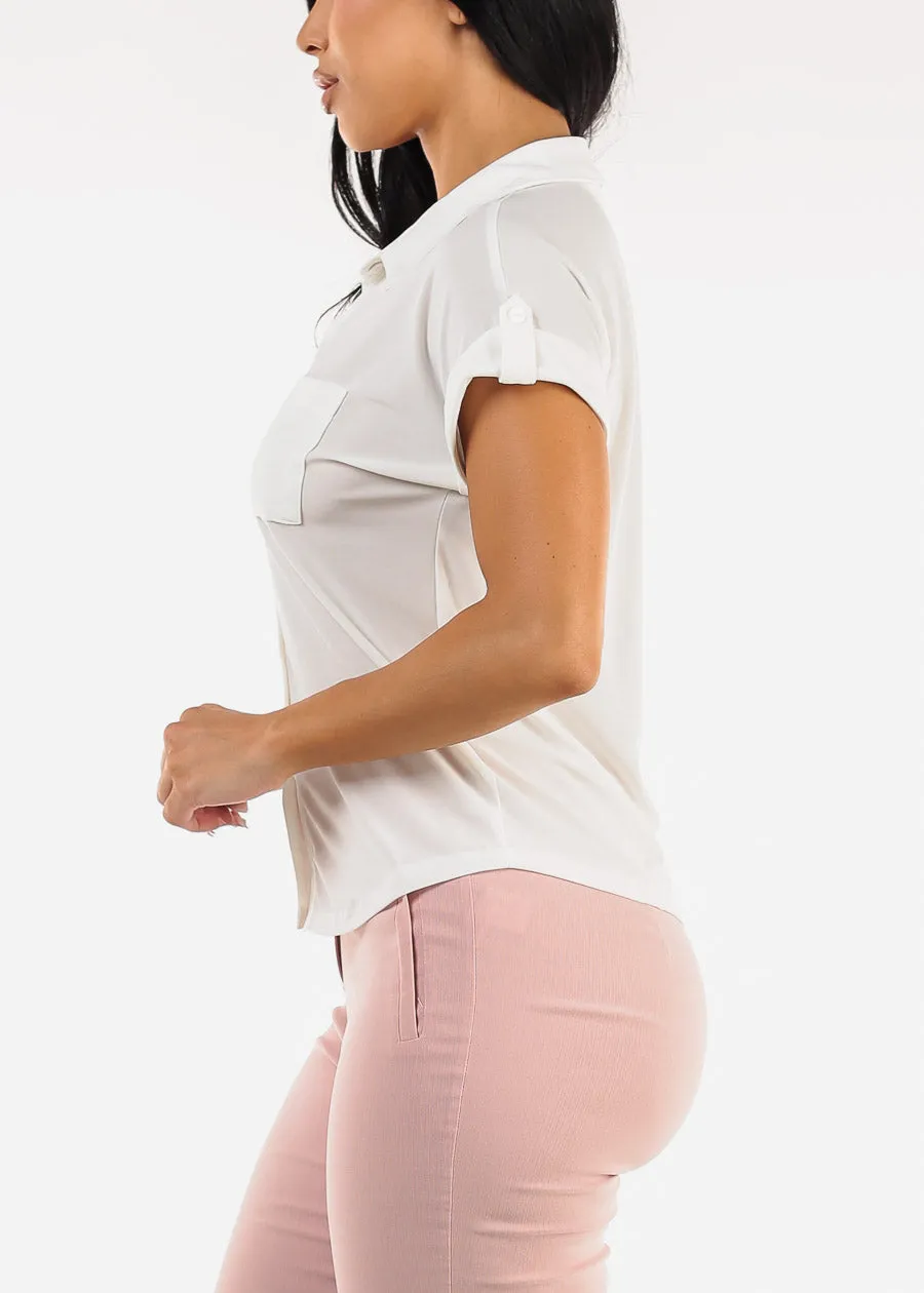 Short Sleeve Button Up Stretch Collared Blouse White sold by Moda product image thumbnail 3