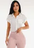 Short Sleeve Button Up Stretch Collared Blouse White sold by Moda