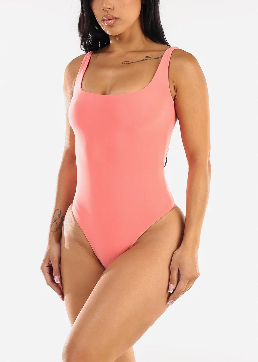 Sleeveless Square Neck Thong Bodysuit Coral sold by Moda