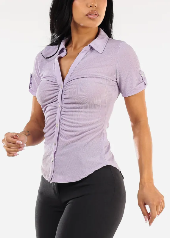 Short Sleeve Button Up Ruched Blouse Lavender sold by Moda