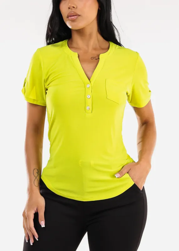 Short Sleeve Half Button Up Blouse Lime sold by Moda