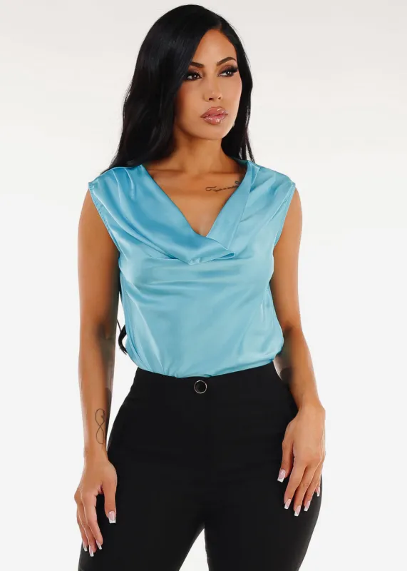 Sleeveless Cowl Neckline Satin Blouse Aqua sold by Moda