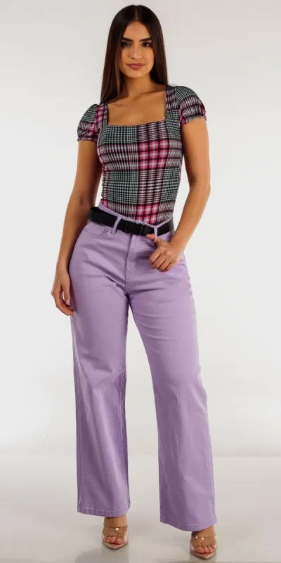 Lavender Slim Straight Pants with Short Sleeve Square Neck Plaid Bodysuit sold by Moda