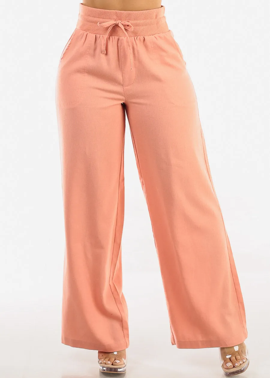 High Elastic Waist Wide Leg Linen Pants Rose sold by Moda