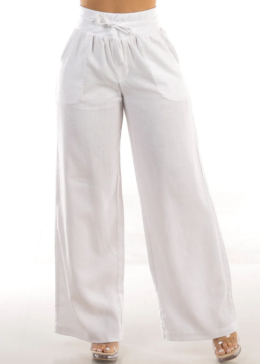 High Elastic Waist Wide Leg Linen Pants White sold by Moda