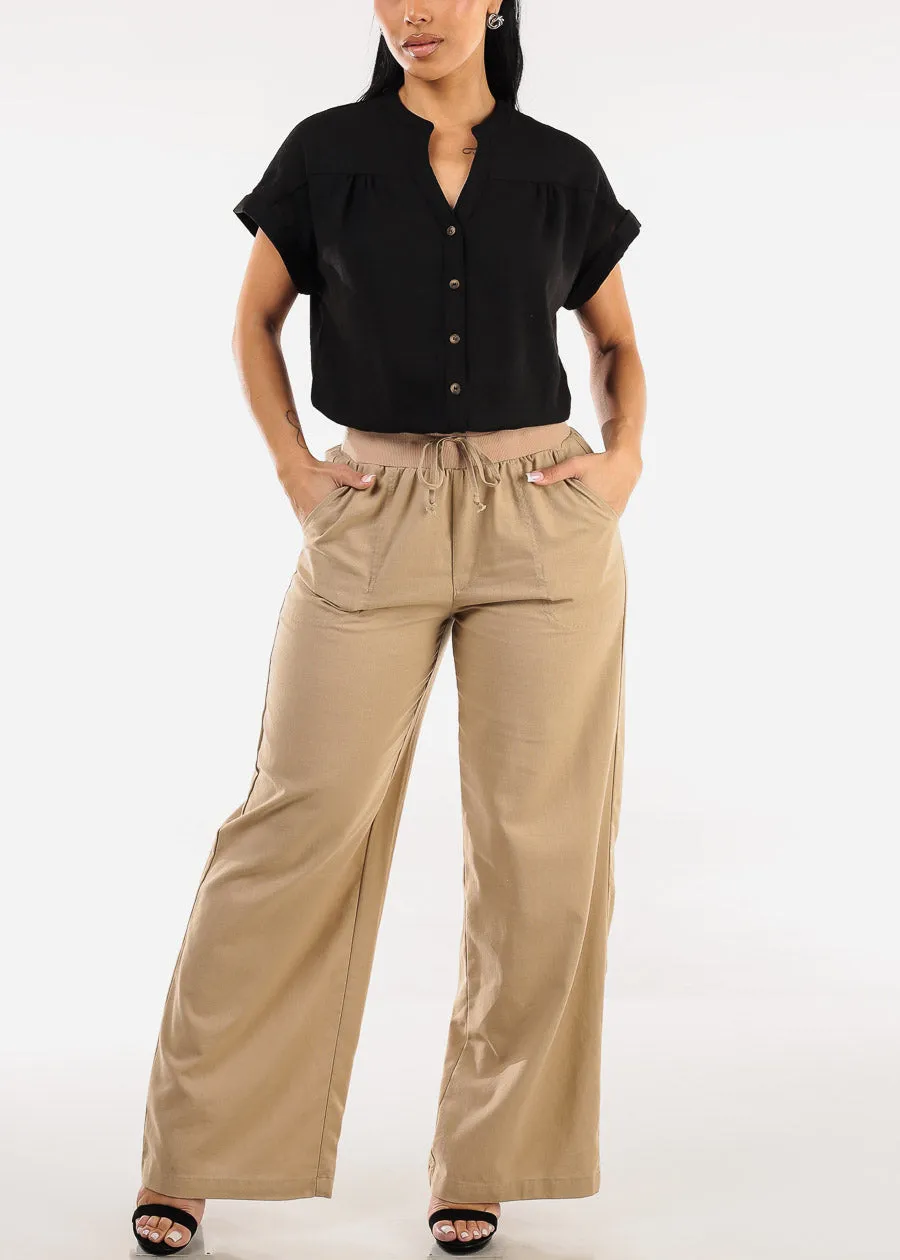 High Elastic Waist Wide Leg Linen Pants Khaki sold by Moda product image thumbnail 2