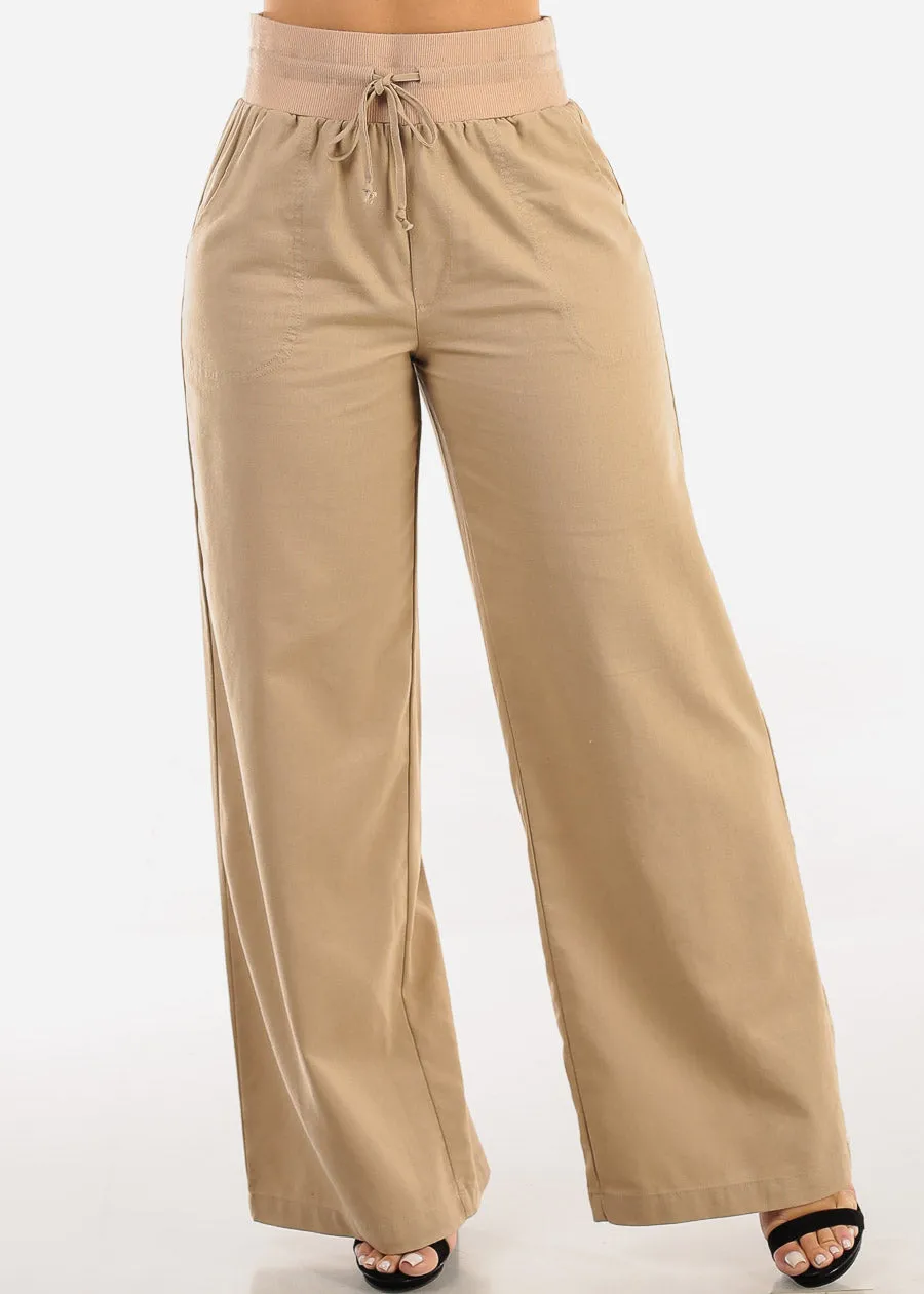 High Elastic Waist Wide Leg Linen Pants Khaki sold by Moda