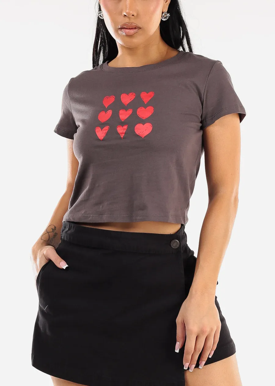 Short Sleeve Crewneck Graphic Crop Top Charcoal "Hearts" sold by Moda