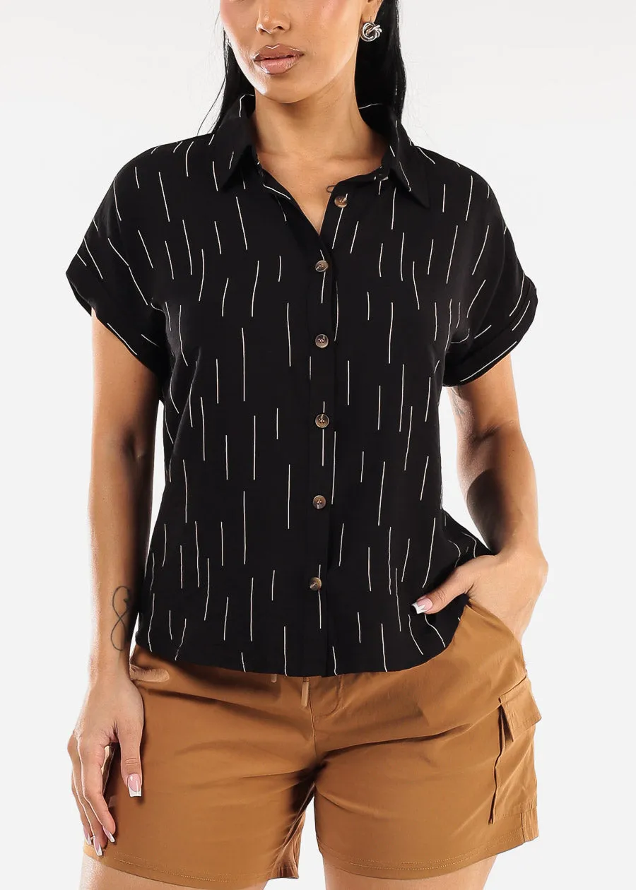 Short Sleeve Button Down Printed Collared Blouse Black sold by Moda