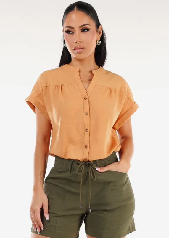 Short Sleeve Button Up Linen Blouse Ginger sold by Moda